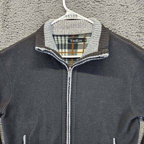 YeoKou Sweater Jacket Men Large Black Cashmere‎ Wool Knit Full Zip Fleece Lined - Picture 2 of 9